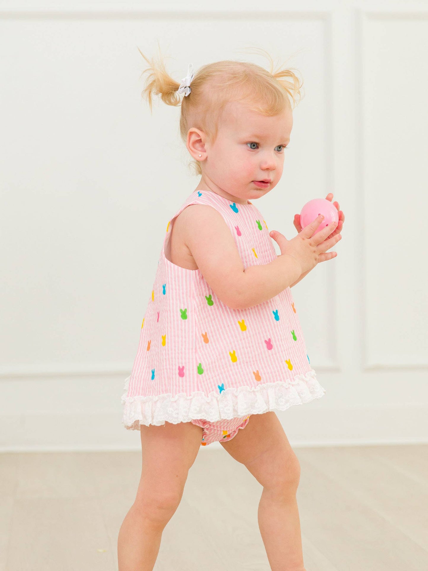 RuffleButts + RuggedButts - Baby Girls Pink Bunny Stripe Cotton Gauze Swing Top and Bloomer Set