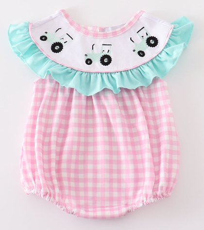 Abby & Evie - Pink Tractor Embroidery Plaid Girl Bubble