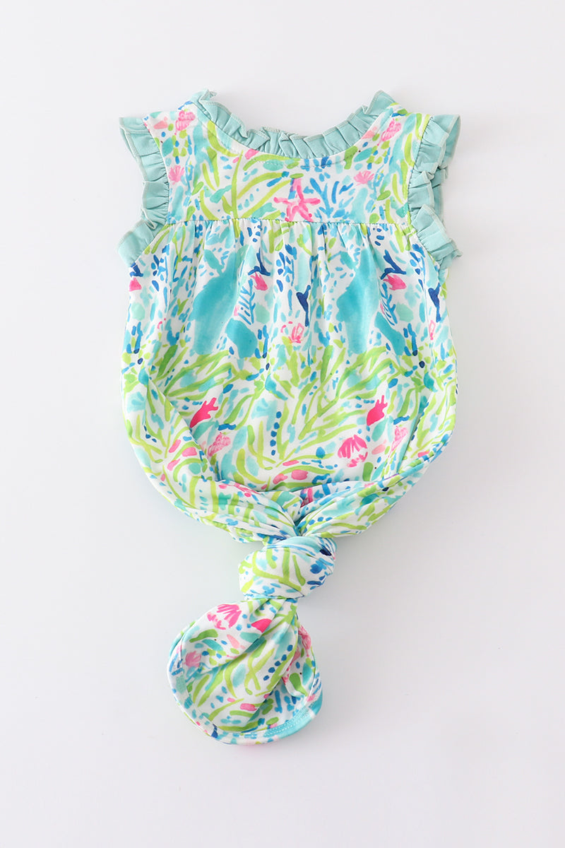 Abby & Evie - Green and Pink Print Ruffle Baby Knotted Gown