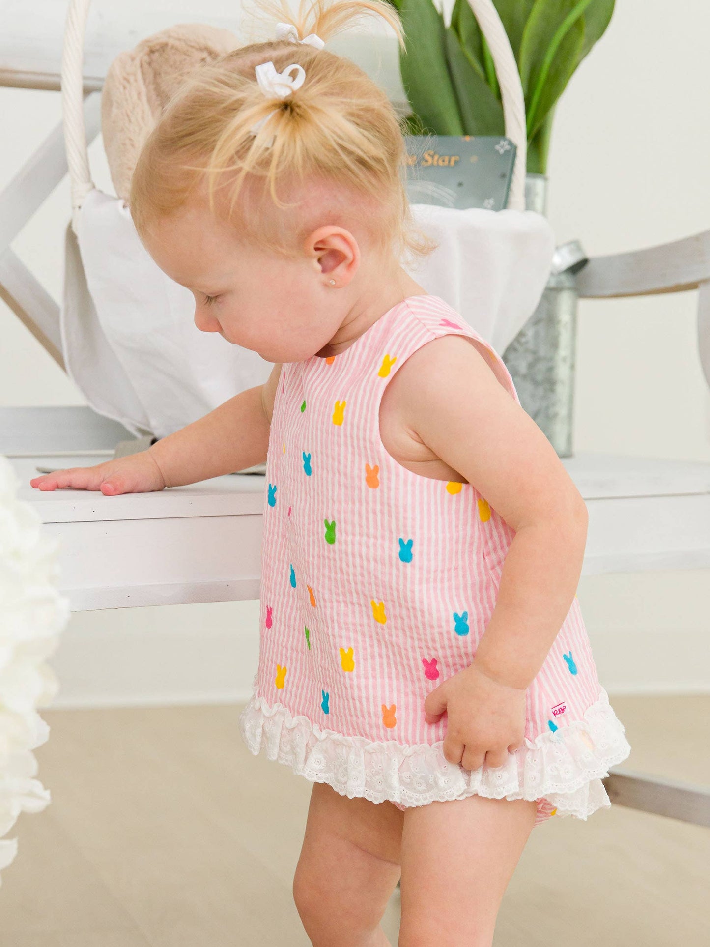 RuffleButts + RuggedButts - Baby Girls Pink Bunny Stripe Cotton Gauze Swing Top and Bloomer Set