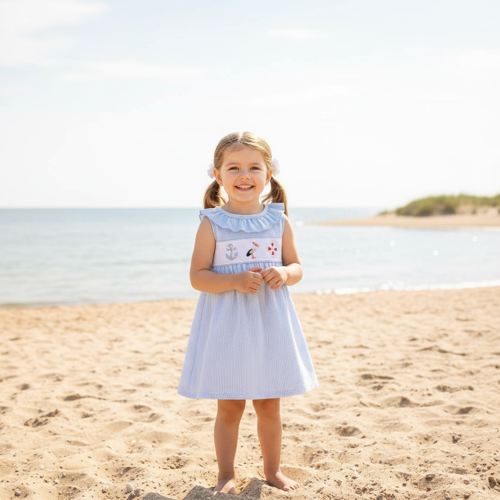 Abby & Evie - Blue Nautical Trio Embroidery Ruffle Dress