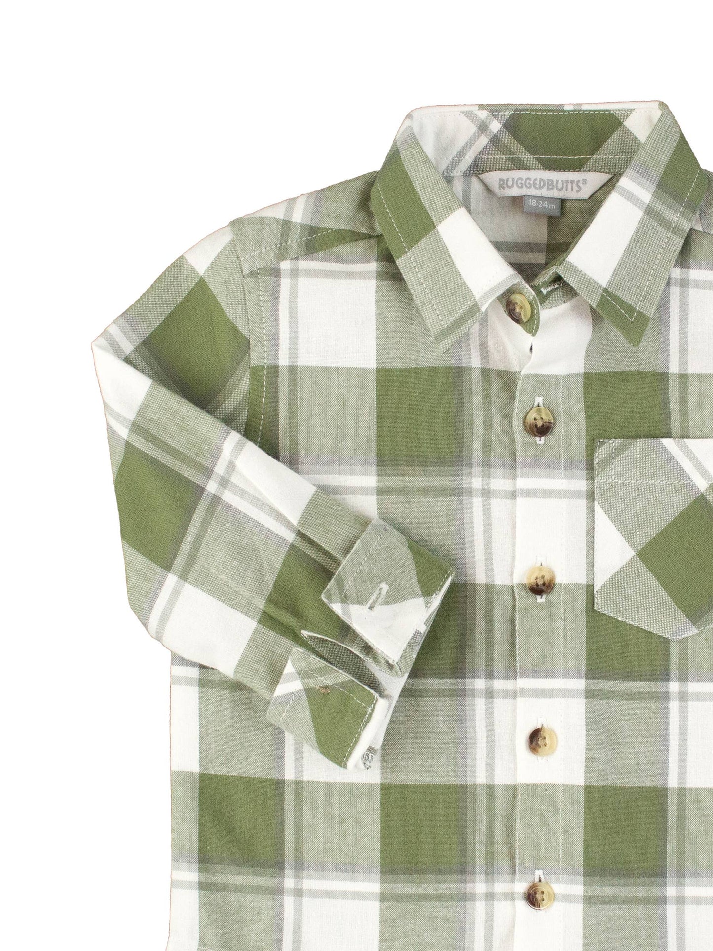 RuffleButts + RuggedButts - Boys Dusty Olive Plaid Flannel Long Sleeve Button Down Shirt