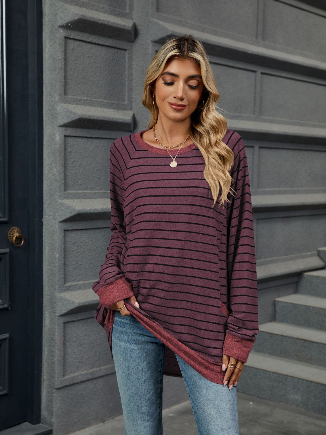 Pocketed Striped Round Neck Long Sleeve T-Shirt