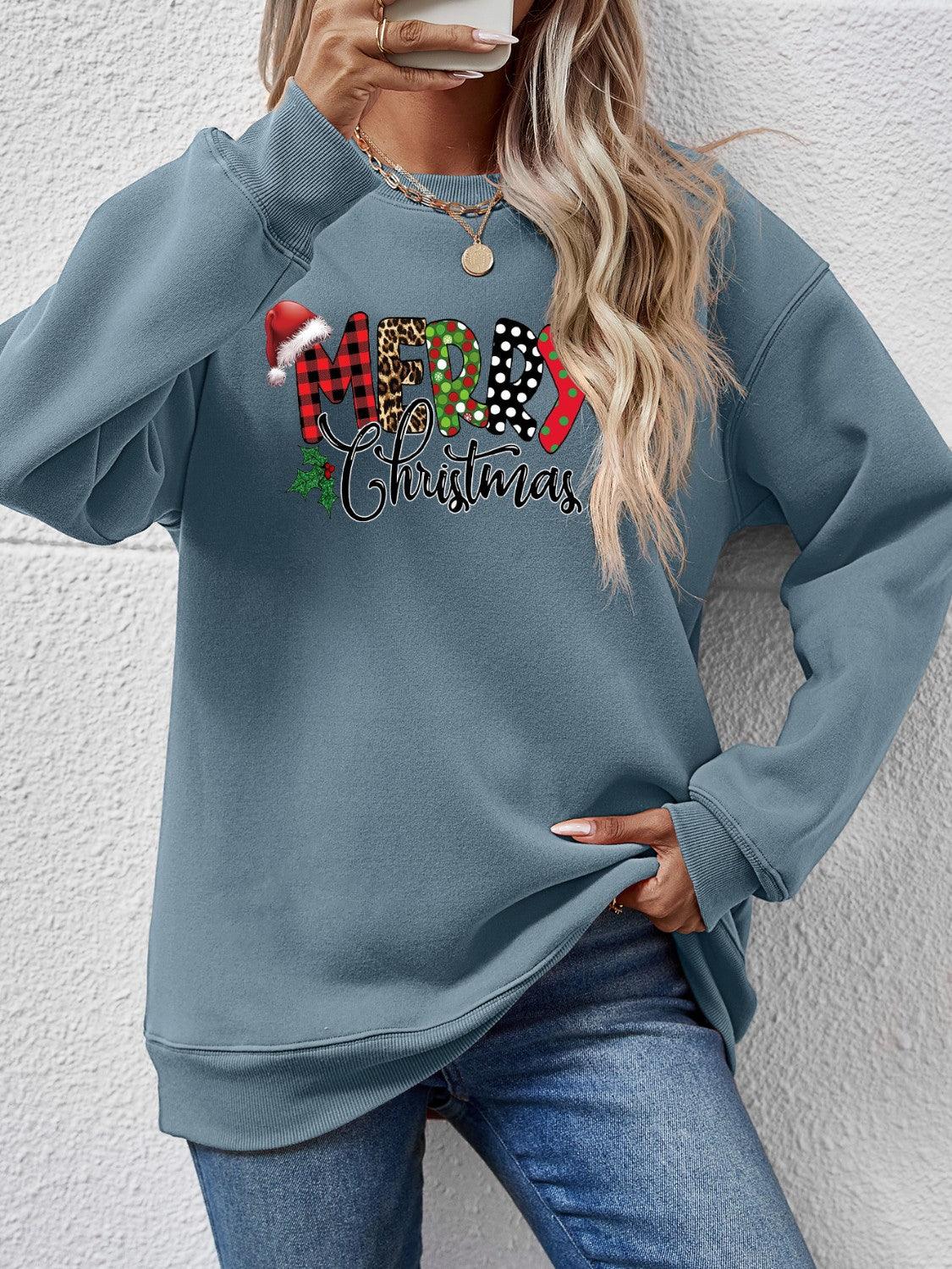 MERRY CHRISTMAS Round Neck Dropped Shoulder Sweatshirt