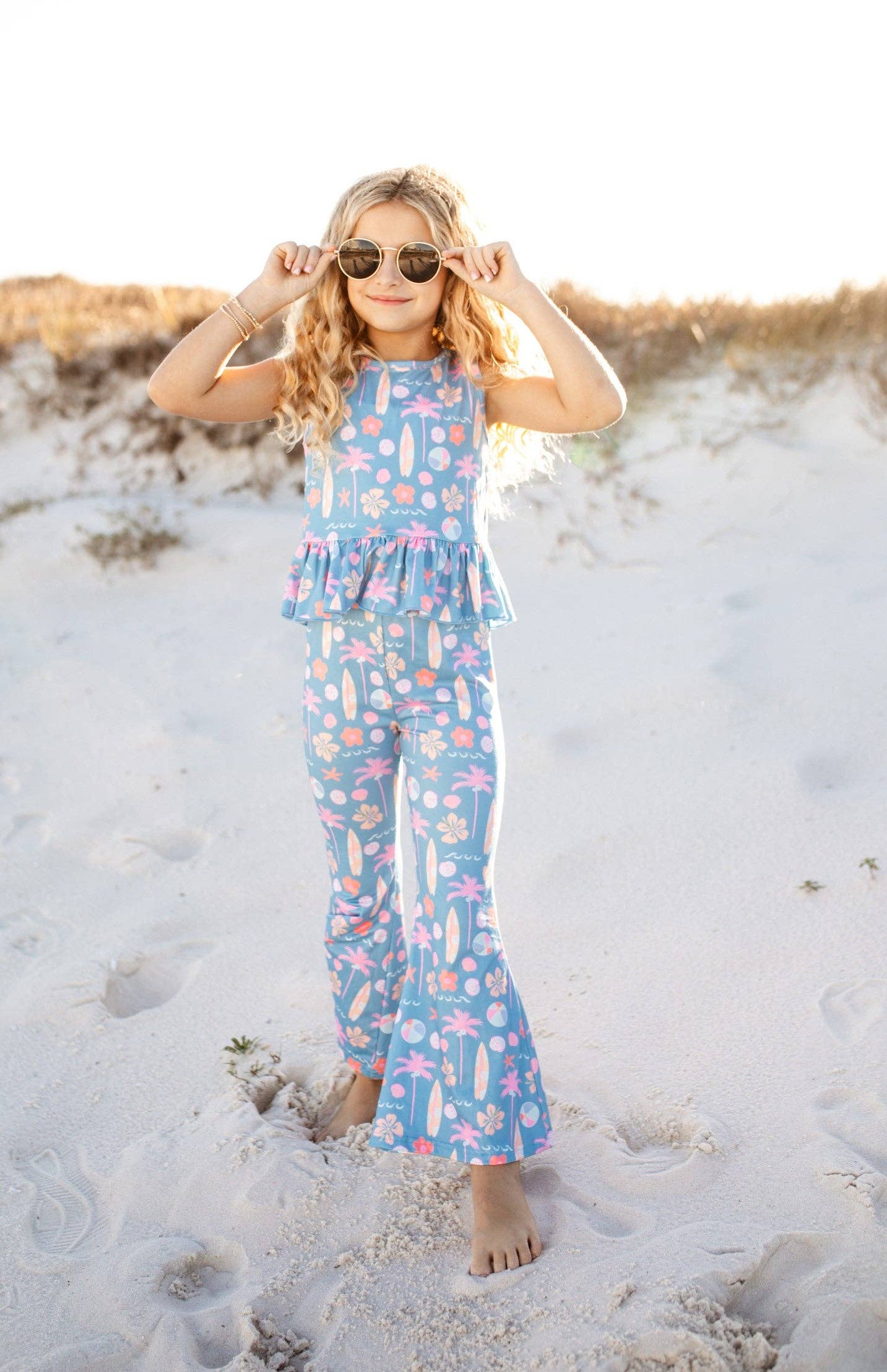 Adorable Sweetness - Kids Dusty Blue & Pink Summer Surf Print Flare Pant Set