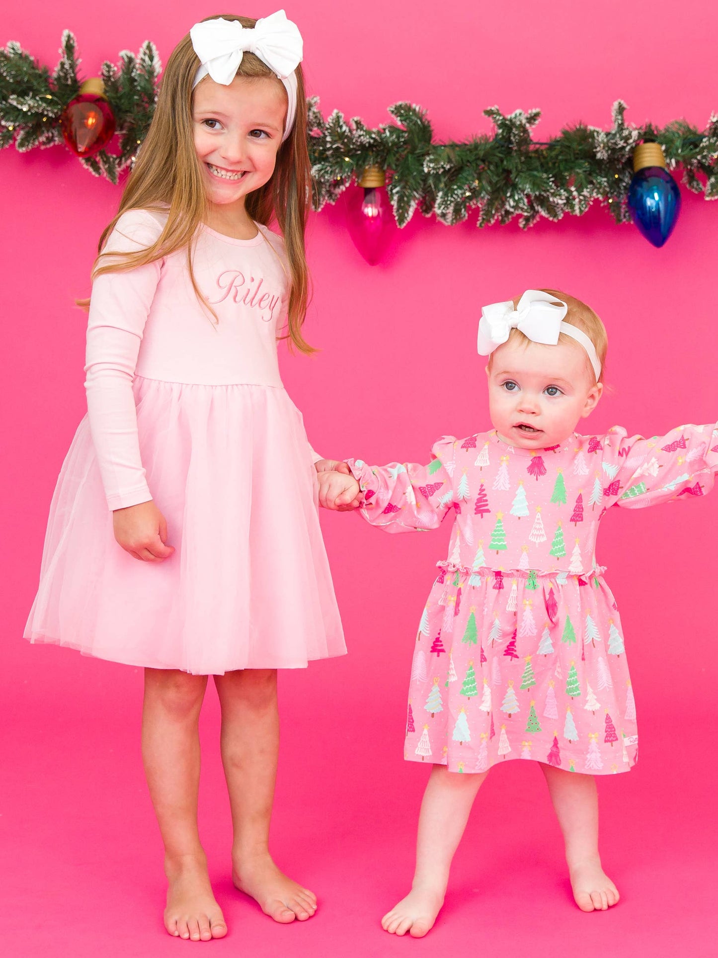 RuffleButts + RuggedButts - Baby Girls Merry Pink Pines Knit Long Sleeve Skirted Romper