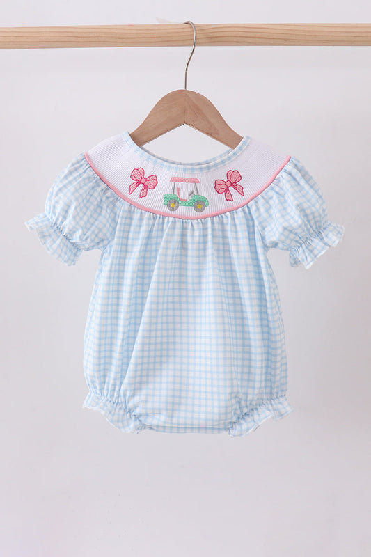 Abby & Evie - Blue Golf Cart Smocked Bubble