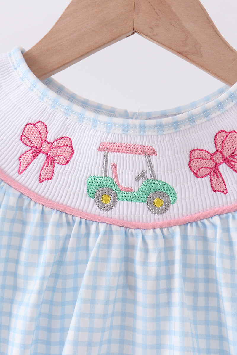 Abby & Evie - Blue Golf Cart Smocked Bubble