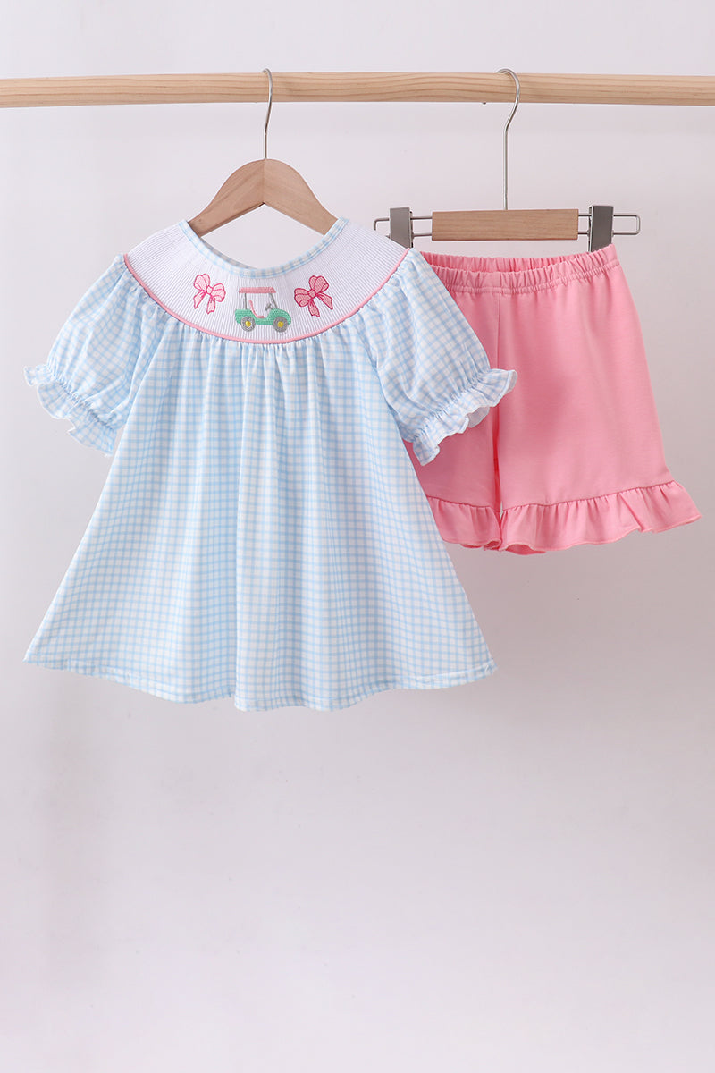 Abby & Evie - Two Piece Blue Gold Cart Smocked Ruffle Shorts Set