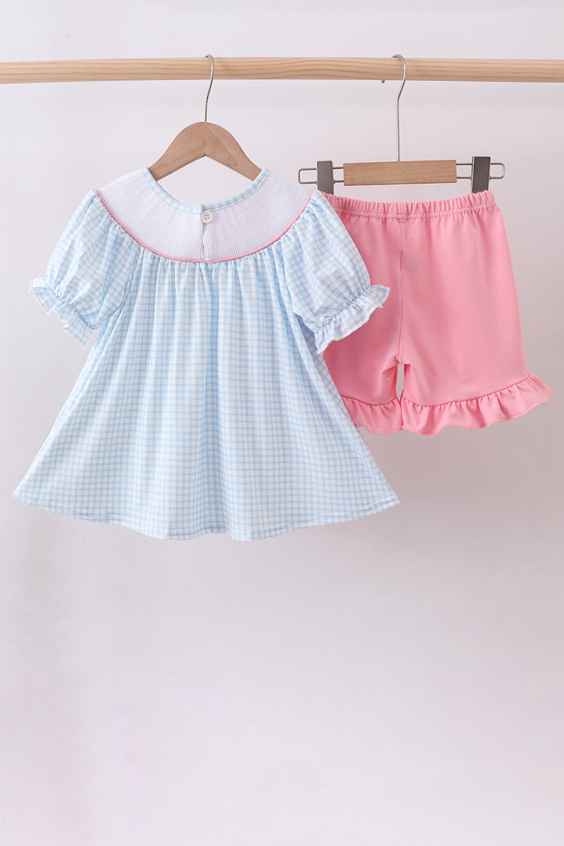 Abby & Evie - Two Piece Blue Gold Cart Smocked Ruffle Shorts Set
