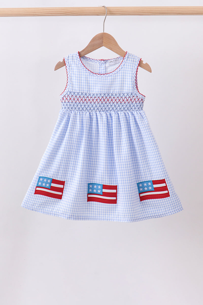 Little Girl Blue Flag Smocked Woven Gingham Dress - Fourth of July