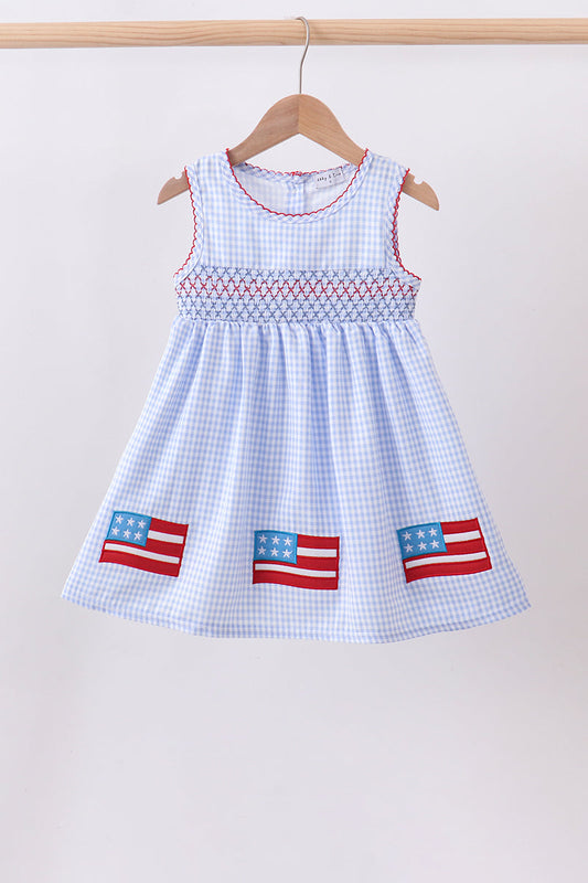 Little Girl Blue Flag Smocked Woven Gingham Dress - Fourth of July
