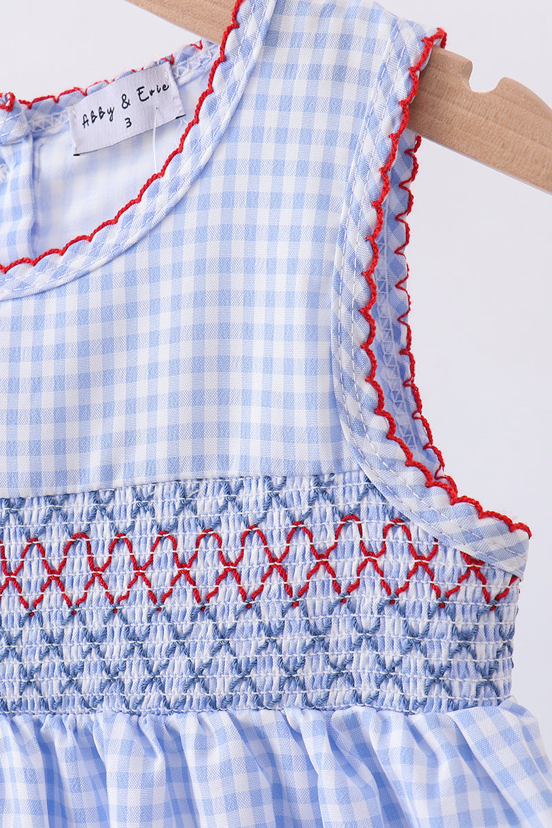 Little Girl Blue Flag Smocked Woven Gingham Dress - Fourth of July