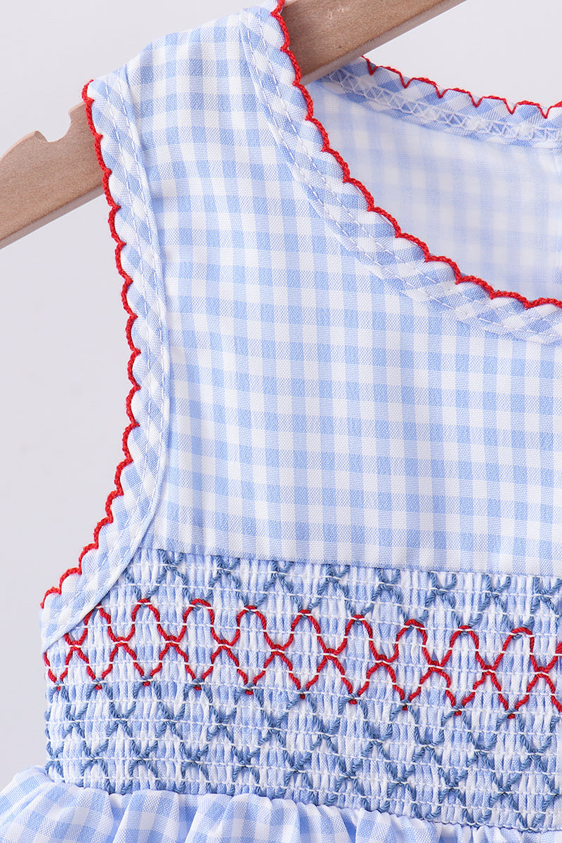 Little Girl Blue Flag Smocked Woven Gingham Dress - Fourth of July