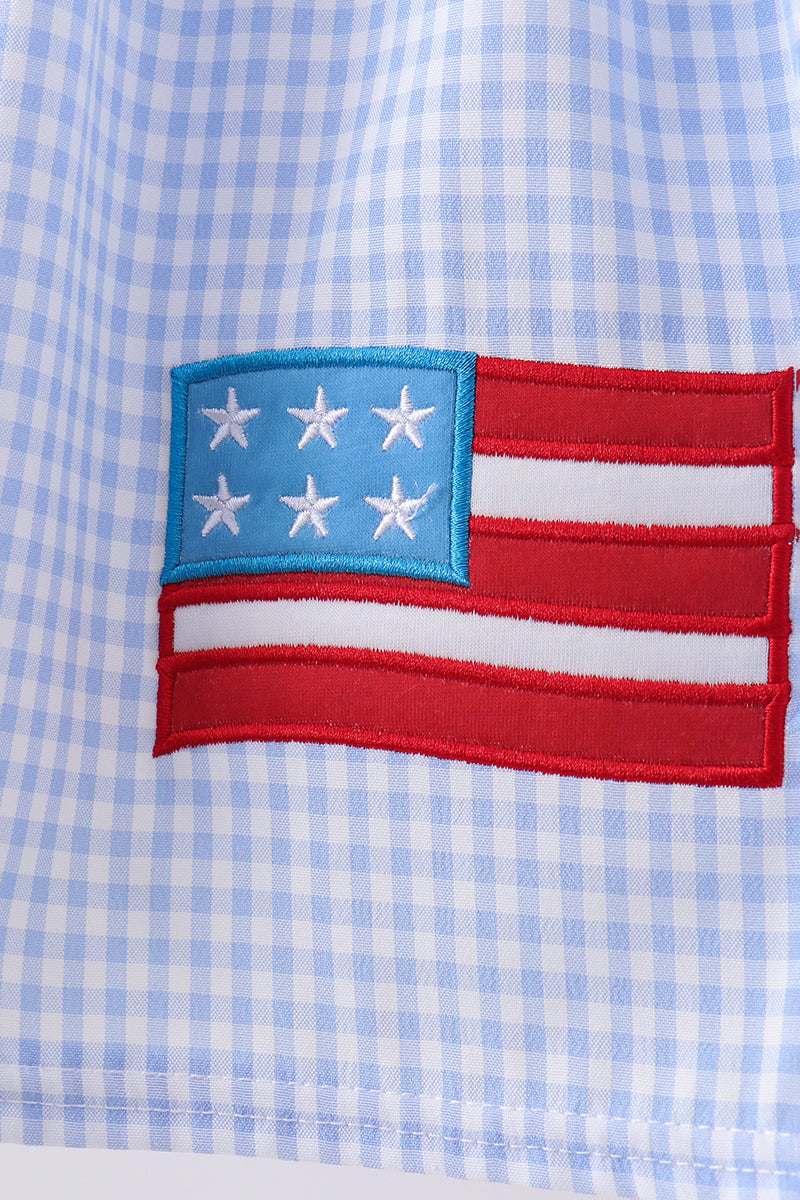 Little Girl Blue Flag Smocked Woven Gingham Dress - Fourth of July