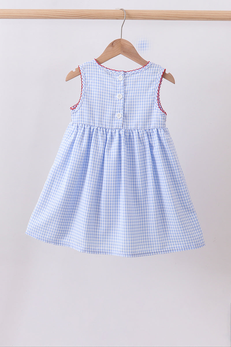 Little Girl Blue Flag Smocked Woven Gingham Dress - Fourth of July