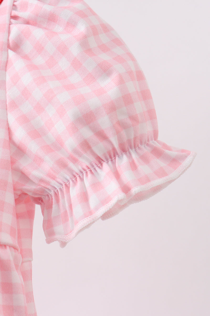 Baby Girl Pink Flag Embroidery Gingham Bubble - Fourth of July