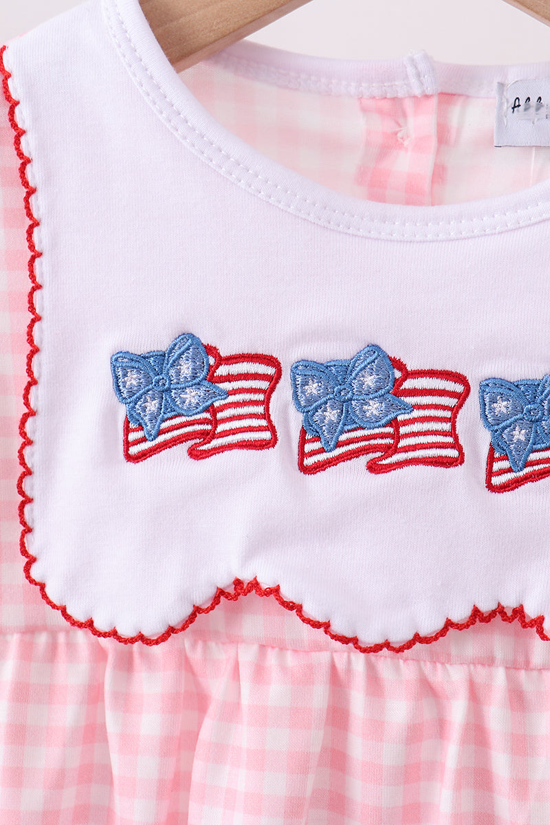 Baby Girl Pink Flag Embroidery Gingham Bubble - Fourth of July