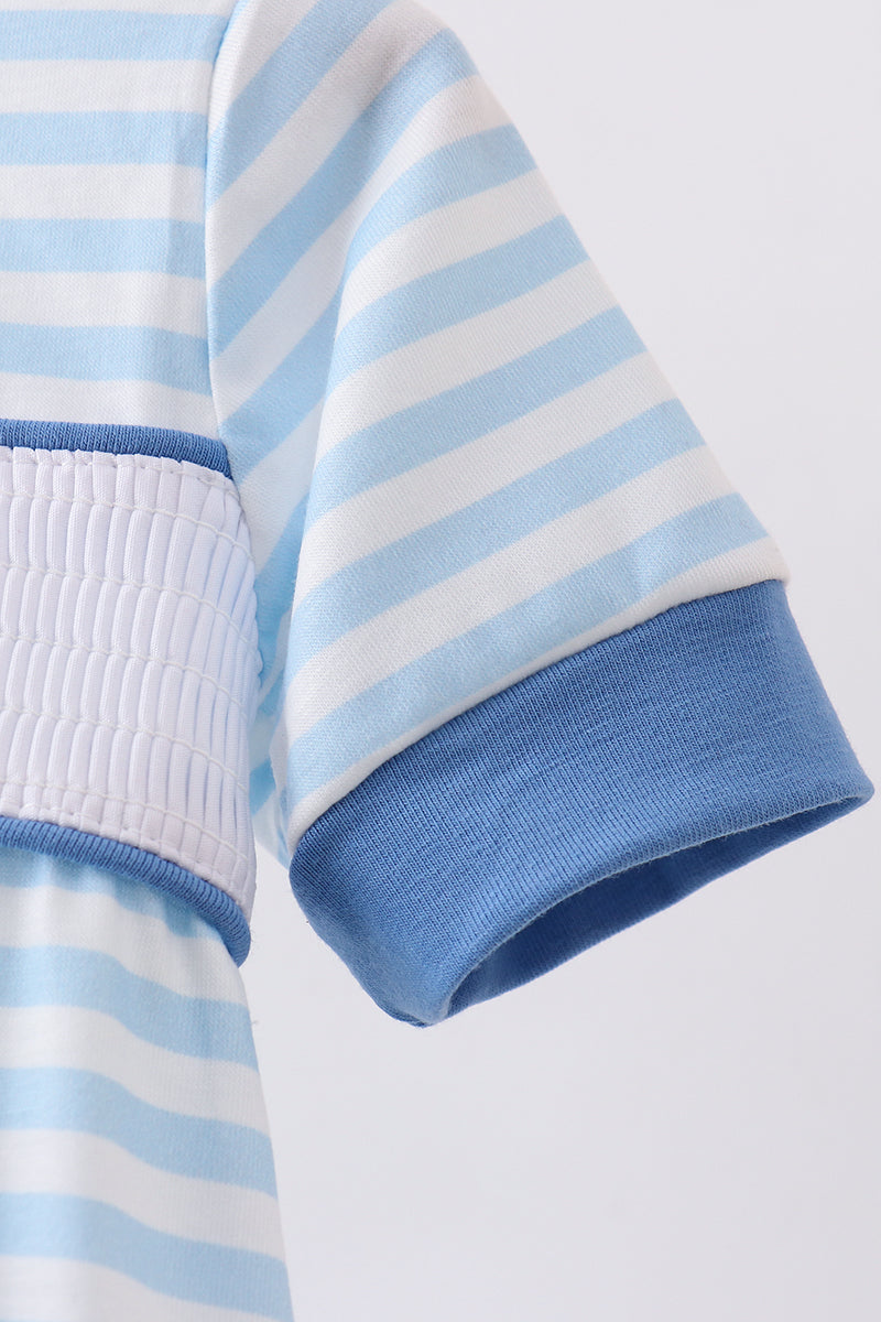 Baby Boy Blue Flag Embroidery Striped Bubble - Fourth of July