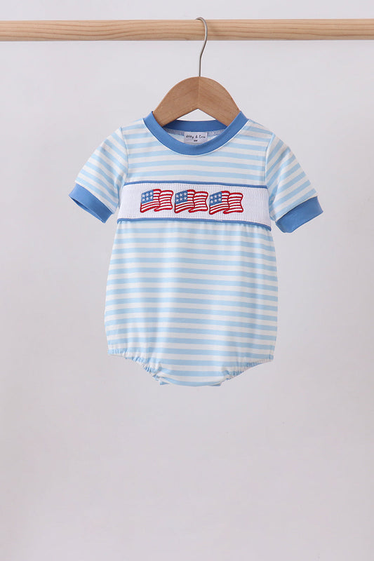 Baby Boy Blue Flag Embroidery Striped Bubble - Fourth of July