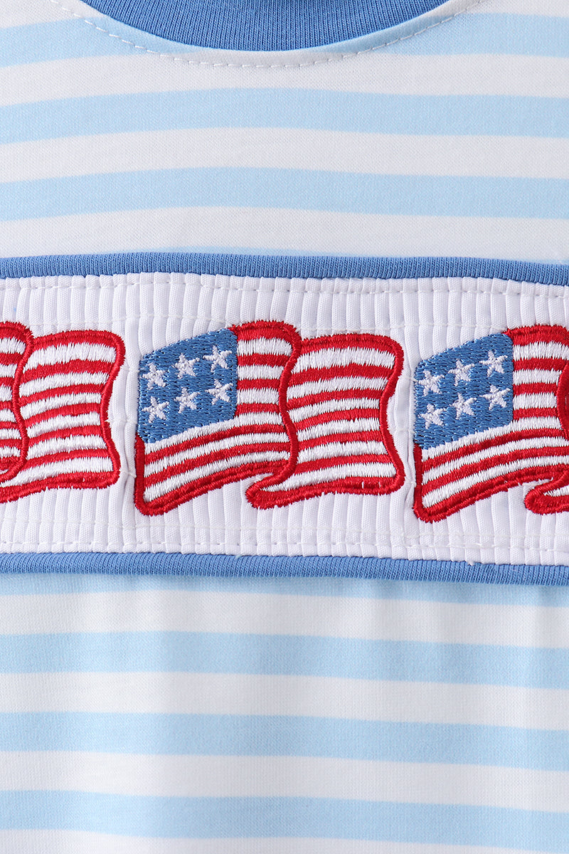 Baby Boy Blue Flag Embroidery Striped Bubble - Fourth of July