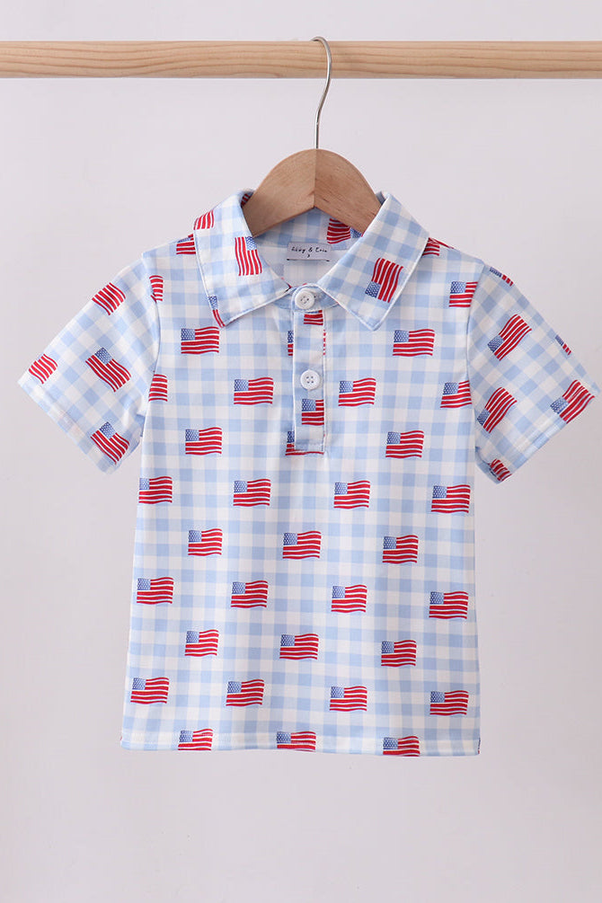 Little Boy Gingham Blue Flag Print Golf Shirt - Fourth of July