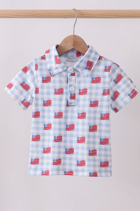 Little Boy Gingham Blue Flag Print Golf Shirt - Fourth of July