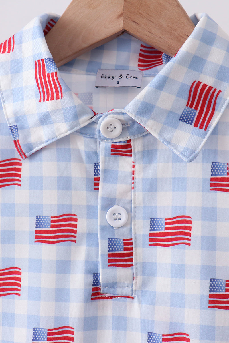 Little Boy Gingham Blue Flag Print Golf Shirt - Fourth of July
