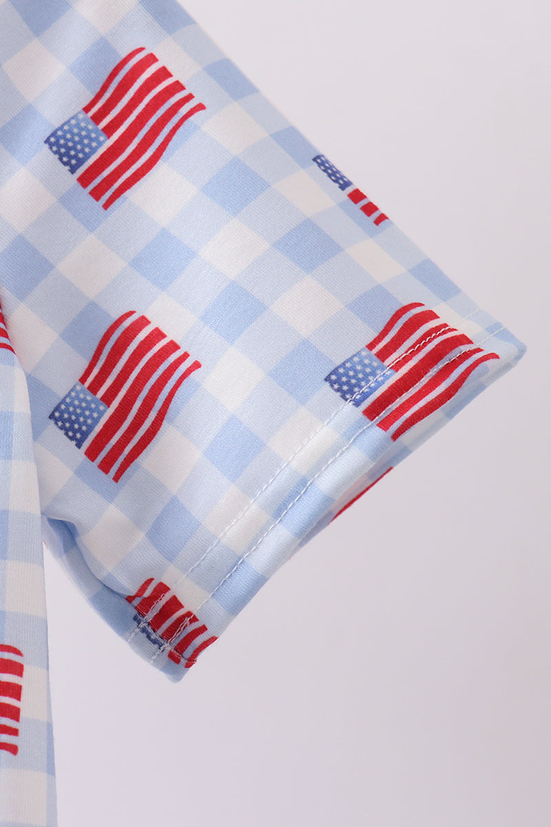 Little Boy Gingham Blue Flag Print Golf Shirt - Fourth of July