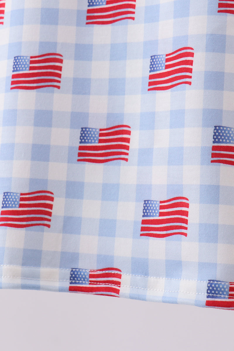 Little Boy Gingham Blue Flag Print Golf Shirt - Fourth of July