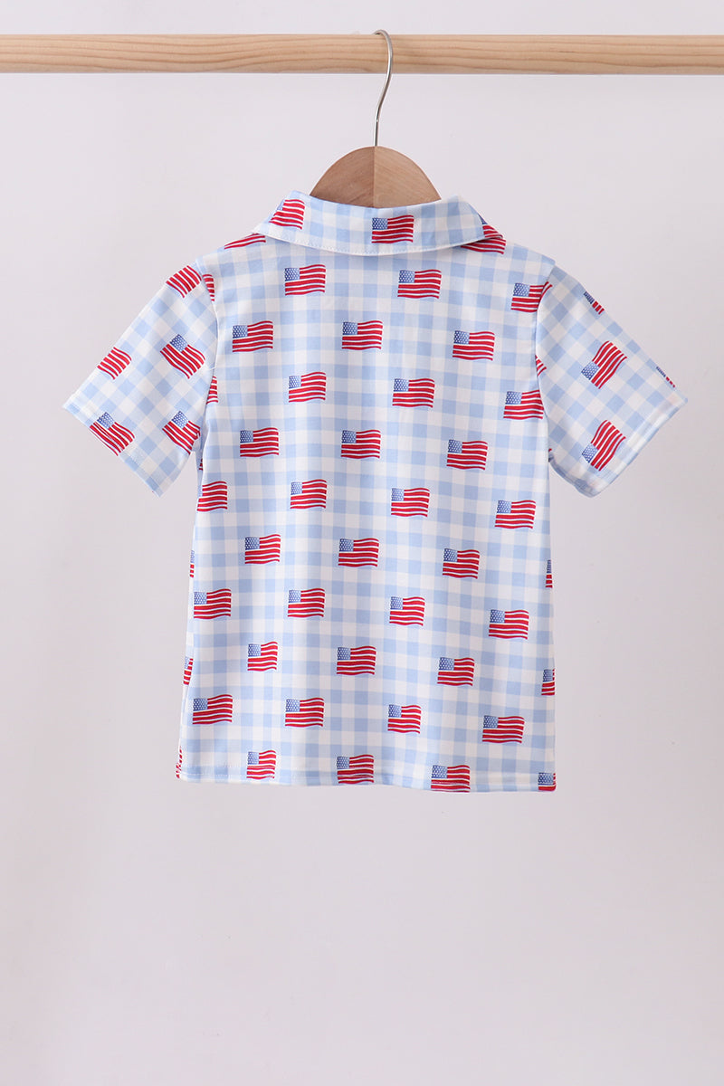 Little Boy Gingham Blue Flag Print Golf Shirt - Fourth of July