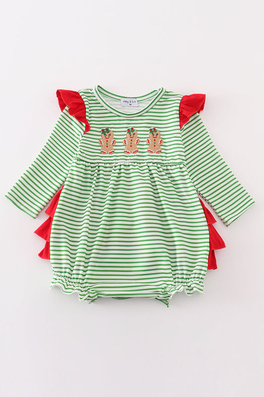 Abby & Evie - Green Stripe Christmas Gingerbread Embroidery Bubble