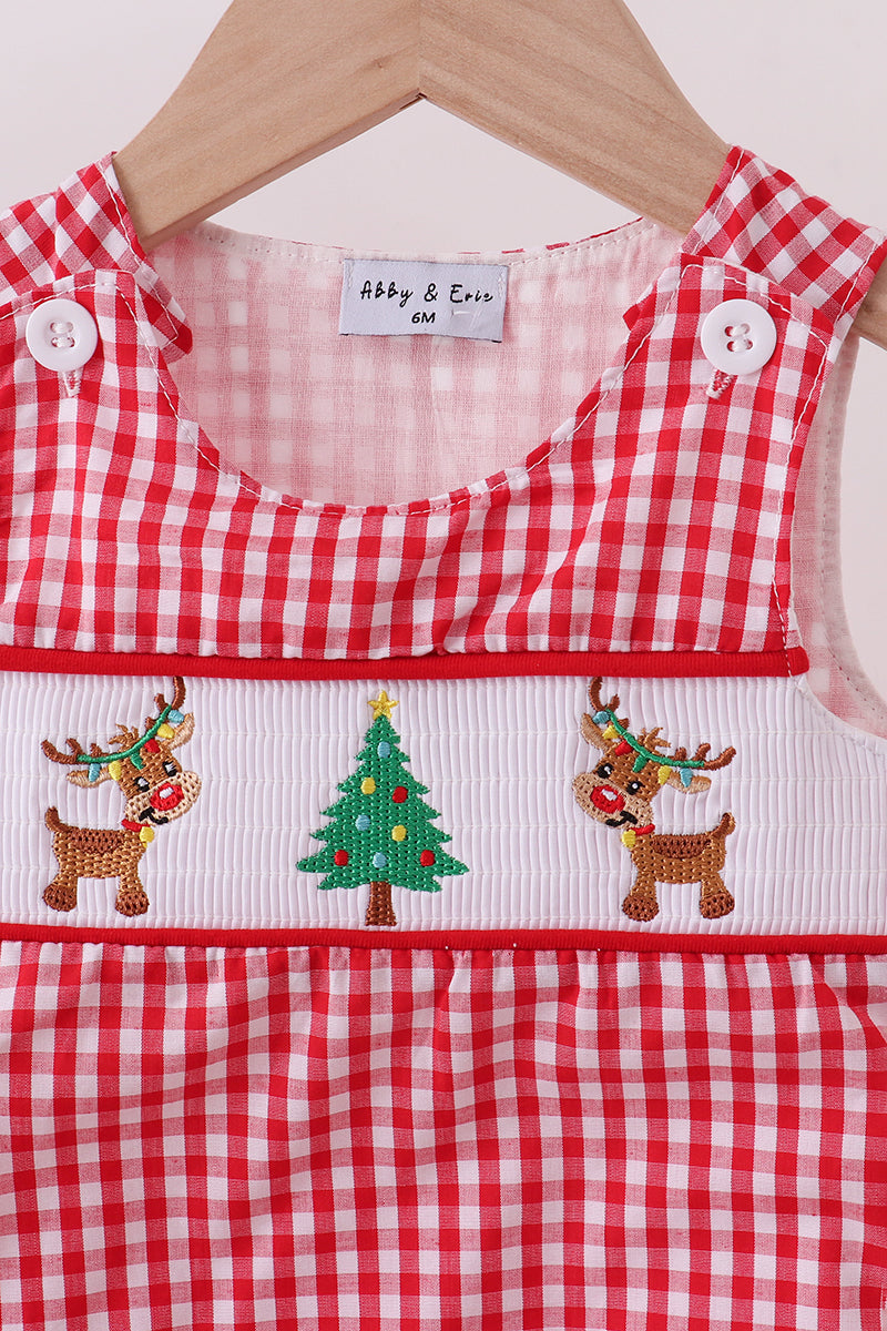 Abby & Evie - Red woven Christmas Tree Reindeer Smocked JonJon