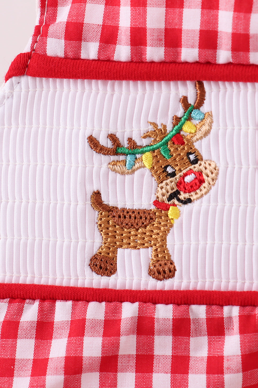 Abby & Evie - Red woven Christmas Tree Reindeer Smocked JonJon