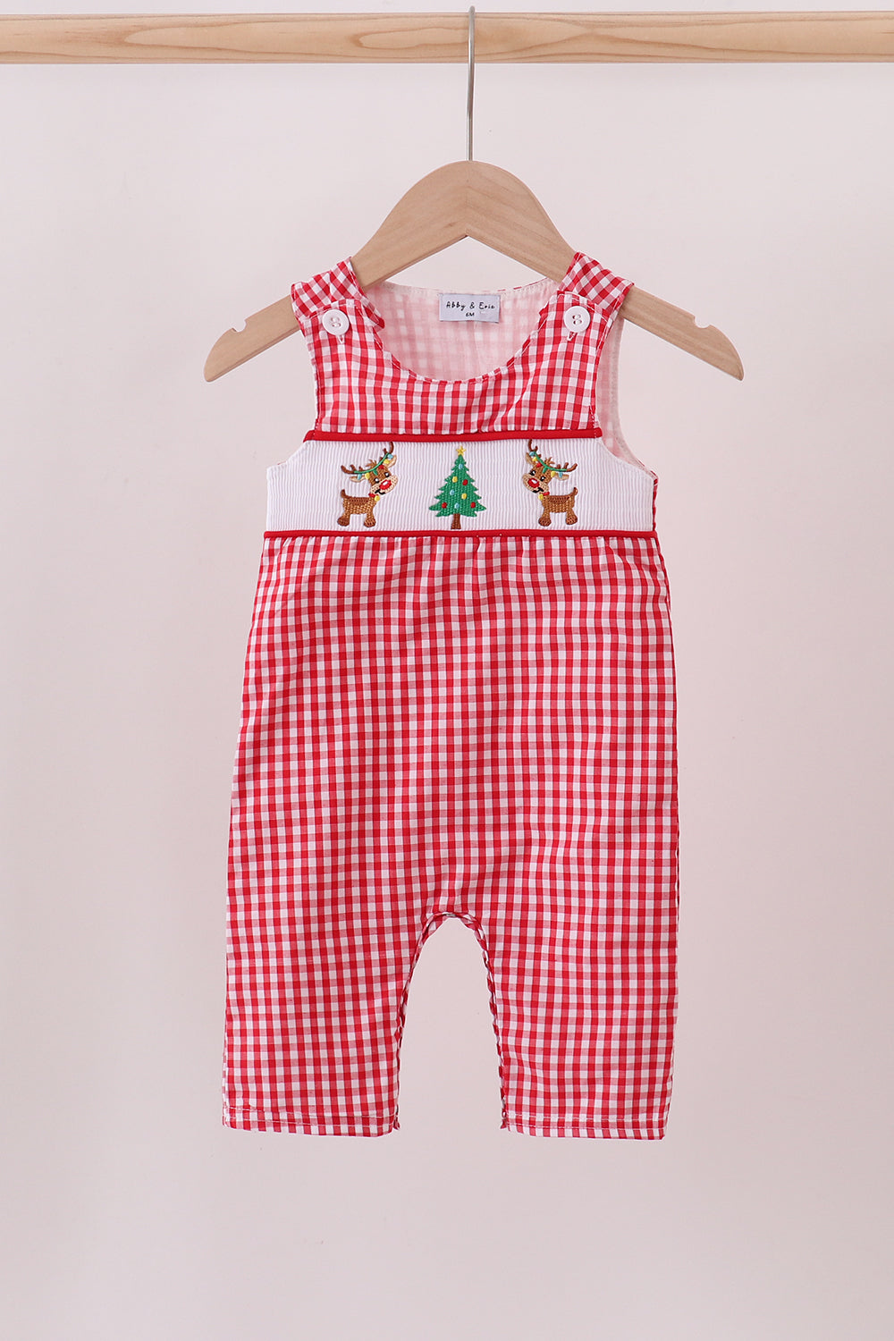 Abby & Evie - Red woven Christmas Tree Reindeer Smocked JonJon