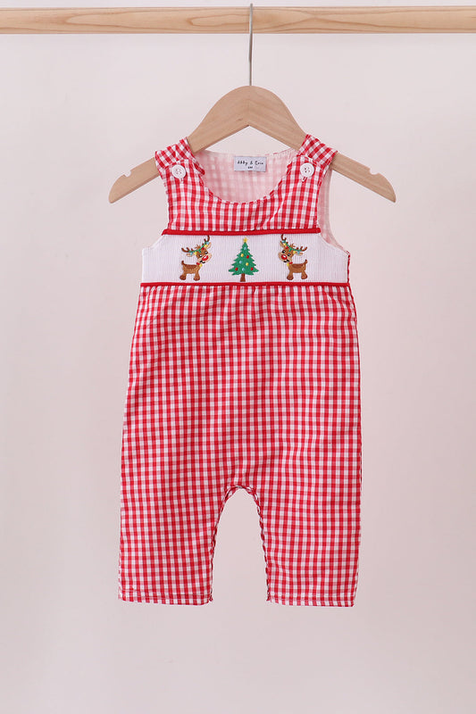 Abby & Evie - Red woven Christmas Tree Reindeer Smocked JonJon