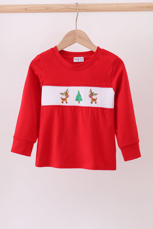 Abby & Evie - Red Christmas Tree Reindeer Smocked Top