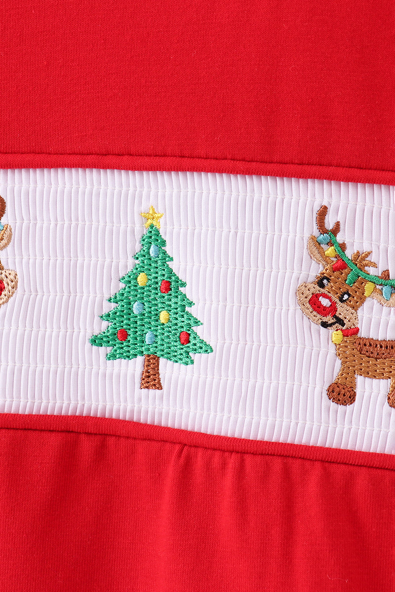 Abby & Evie - Red Christmas Tree Reindeer Smocked Top