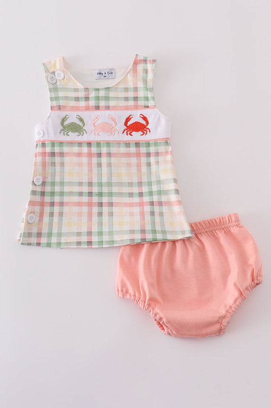 Abby & Evie - Crab Embroidery Plaid Bloomer Set