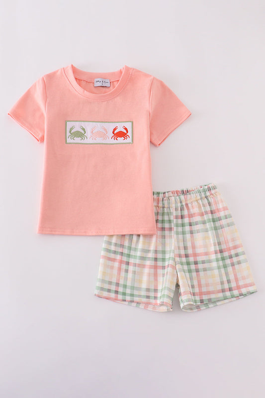 Abby & Evie - Crab Embroidery Plaid Shorts Set