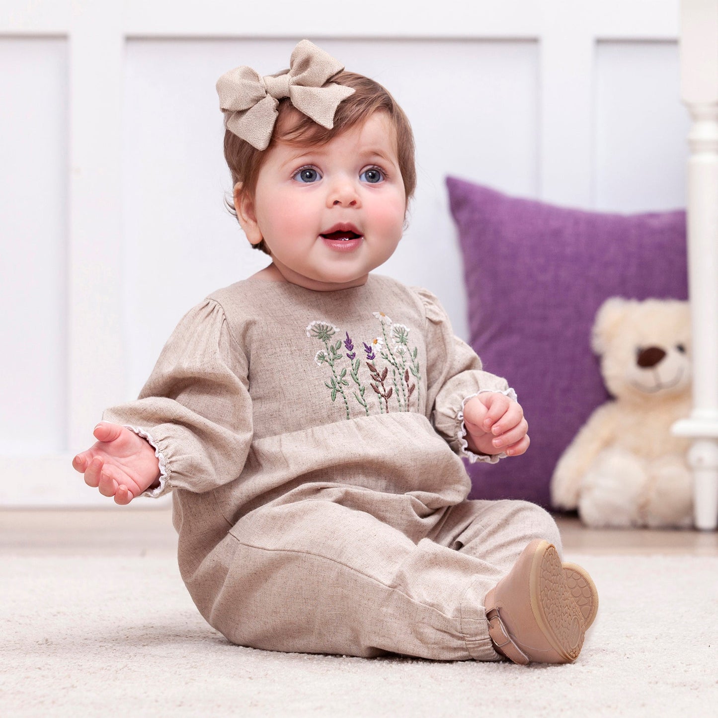 Embroidered Linen-Blend Baby Romper–Vintage Style