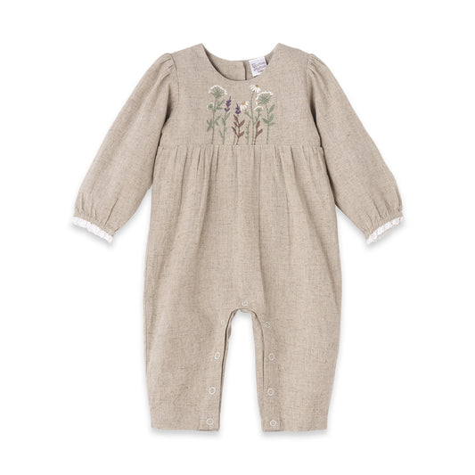 Embroidered Linen-Blend Baby Romper–Vintage Style