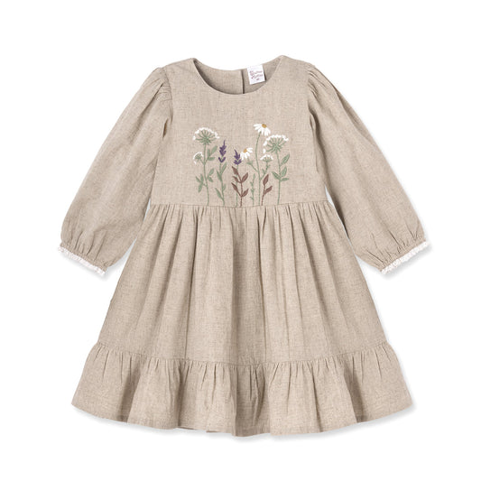 Embroidered Linen-Blend Girls Dress–Heirloom Style