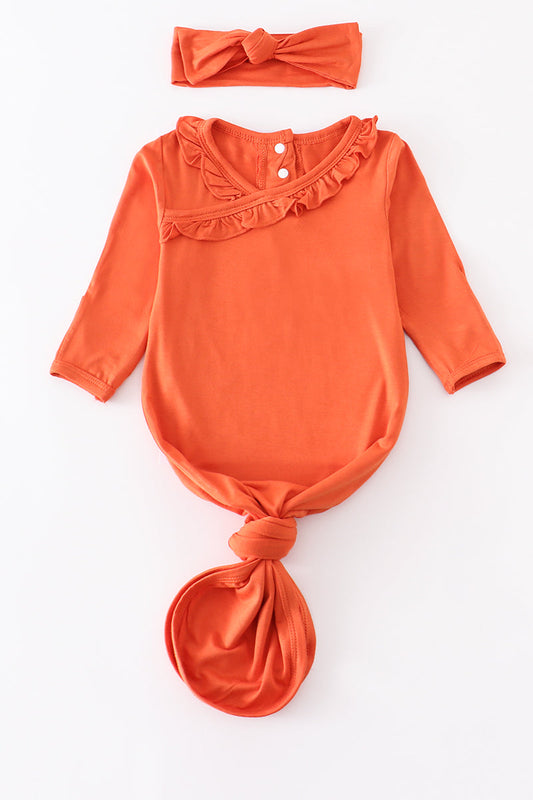 Abbie & Evie - Orange Bamboo Ruffle 2pc Baby Gown