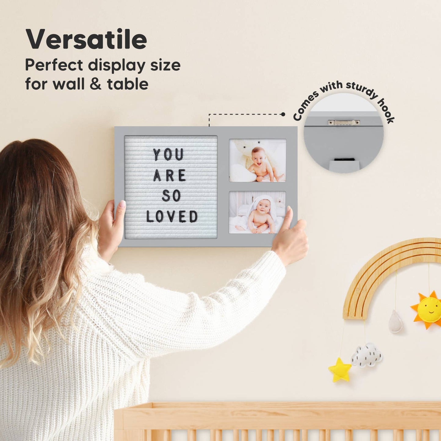 KeaBabies - KeaBabies Heartfelt Picture Frame with Felt Letterboard: Cloud Gray