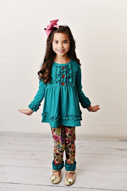 Adorable Sweetness - Kids Teal Plum Floral Ruffle Button Fall Two Piece Set