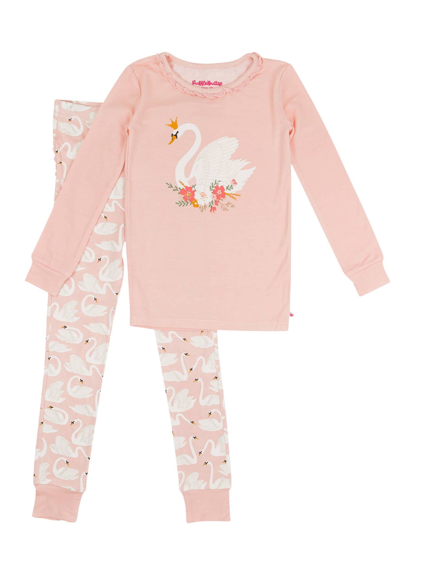 RuffleButts + RuggedButts - Toddler Girls Swan Lake Dream Bamboo Viscose Ruffle Long Sleeve Pajama Set