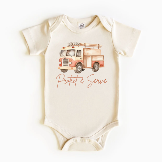 Shabby Yellow Barn - Firefighter Protect & Serve Fire Truck Baby Bodysuit Onesie: ORGANIC Long Sleeve