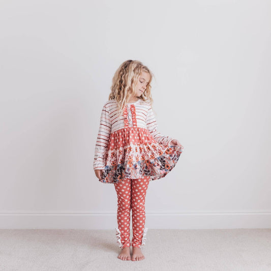 Adorable Sweetness - Kids Rust Button 3 Tiered Fall Ruffle Legging Set