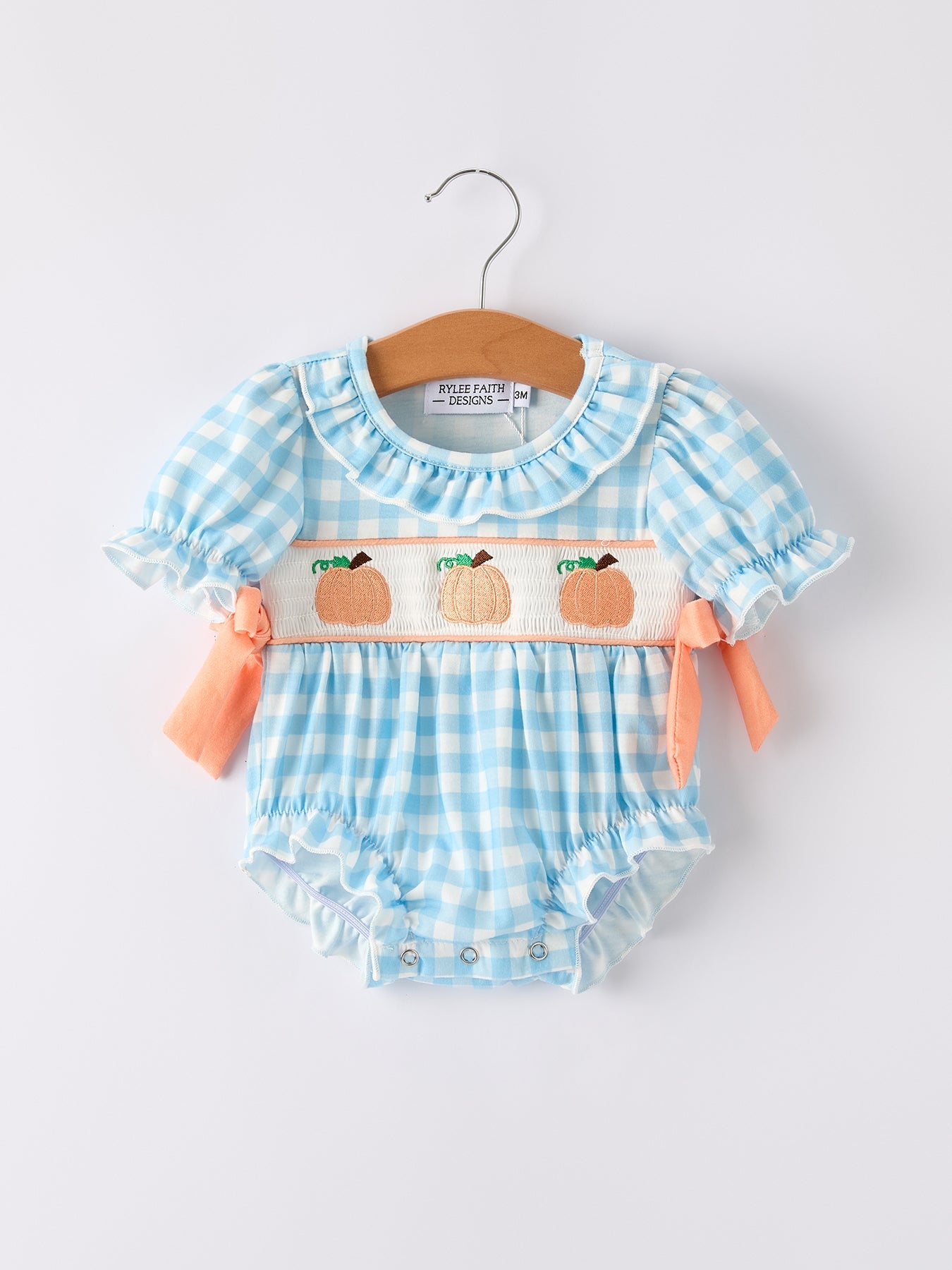 Fall Halloween & Thanksgiving Pumpkin Embroidery Smocking Blue Plaid Romper